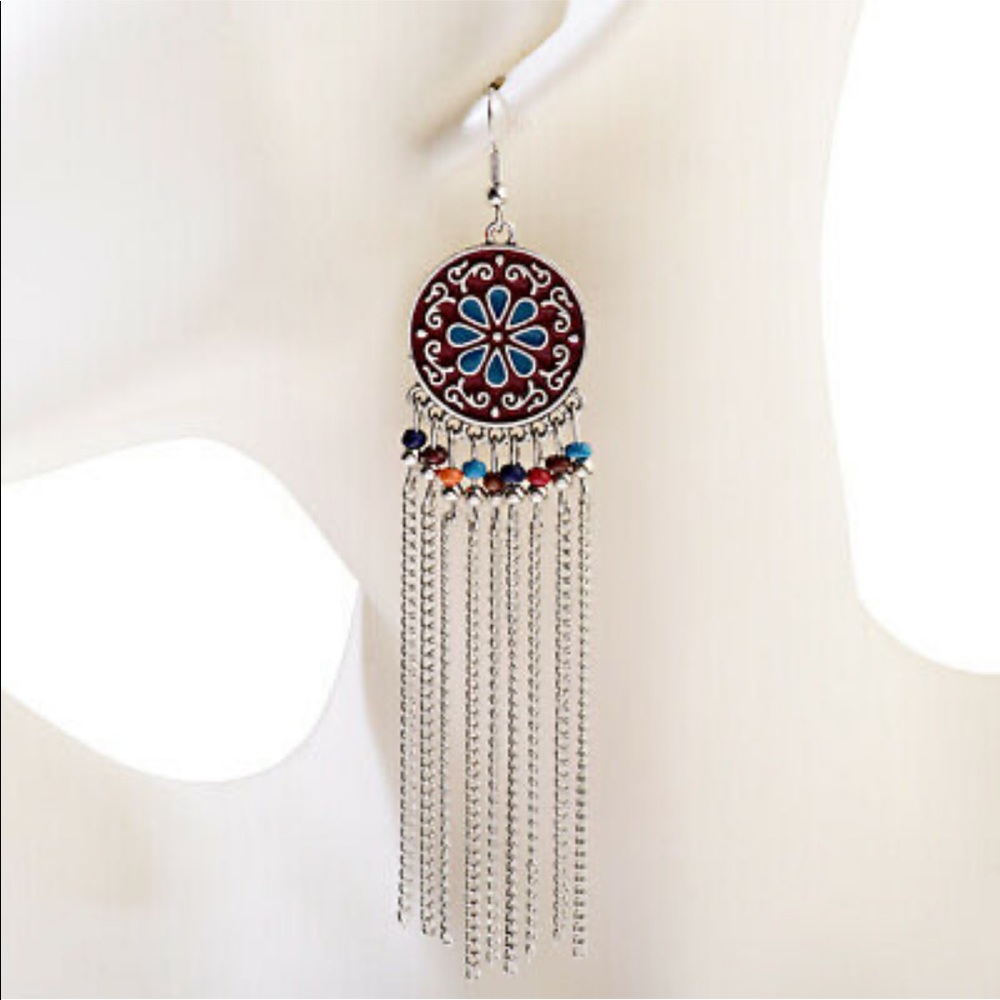 🎁GIFTED🎁 🆕 Red/Blue Boho Drop Long Earrings - Picture 4 of 6